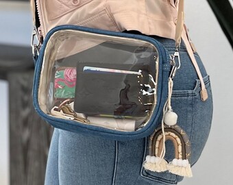 Blue Jean and Clear Stadium Bag, Clear Stadium Bag, Denim Clear Concert Purse, Clear Bag with Decorative Keychain, Small Pouch Personalized