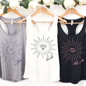 Bachelorette Party Tank Tops, Mystical, Yoga, Evil eye, Celestial Bride Shirt, Boho Bachelorette Shirts, Minimalist  Bohemian Party 158