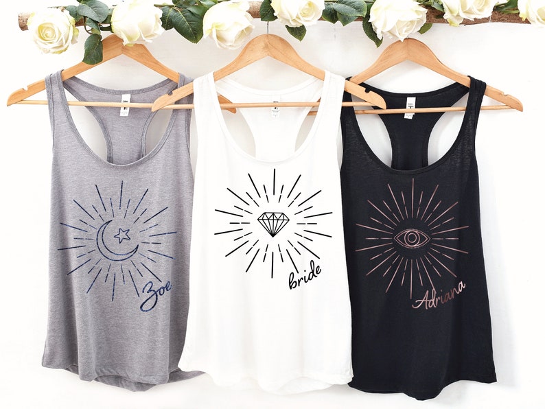 Bachelorette Party Tank Tops, Mystical, Yoga, Evil eye, Celestial Bride Shirt, Boho Bachelorette Shirts, Minimalist Bohemian Party 158 image 1