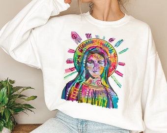 Virgin Mary Sweatshirt, Mother Mary Sweatshirt, Neon Catholic Sweatshirt, Inspirational, Christmas Gift, Mother of Jesus Christ Sweatshirt