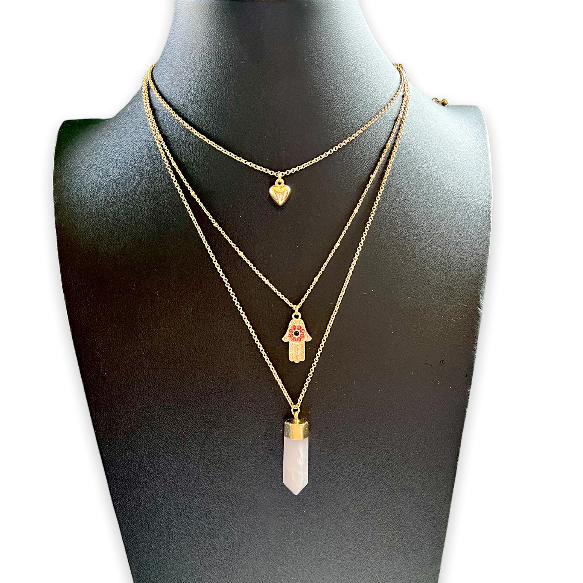 Rose Quartz Necklace & Bracelet Set – Faceted Pendant With Black Cord & Evil Eye Fatima Hand
