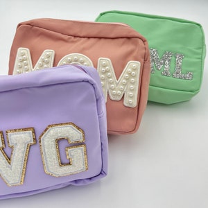 Nylon Makeup Bag, Best Friend Gift, Bridesmaid Proposal Gift, Personalized Cosmetic Bag, Varsity Letters, Crystal Patches ,Pearls Patches