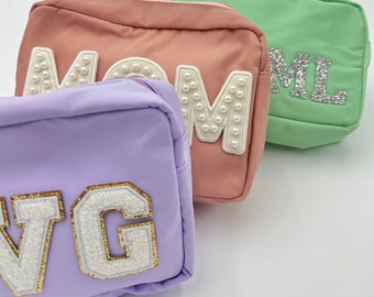 Nylon Makeup Bag, Best Friend Gift, Bridesmaid Proposal Gift, Personalized Cosmetic Bag, Varsity Letters, Crystal Patches ,Pearls Patches
