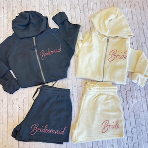 Personalized Bridesmaid&#39;s Pjs, Bridal Party Hoodies and short, Sister Outfit, Wedding Morning Pj set, Bridesmaids getting ready Outfit B158