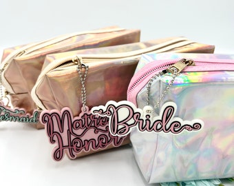 Holographic Cosmetic Bag With Handle, Personalized Bridesmaid Cosmetic Bag, Birthday Gift, Bridesmaid keychain