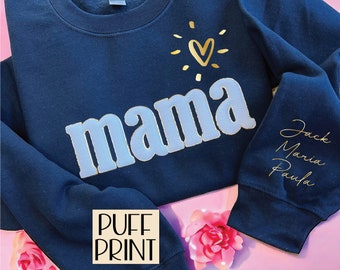 Personalized Mama sweatshirt with kids names on sleeve, New Mom Gift, Mom Sweater, Mothers Day Gift, Birthday Gift for Mom, Puff Print 829