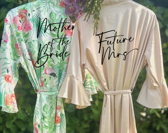 Ruffle Tropical Leaf Print Robes, Bridal Party Robes, Silk Robes, Flamingo Robes, Ruffle Bridal Robes, Bachelorette Robe, Wedding Robes R174