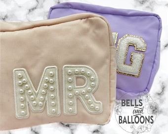 Nylon Makeup Bag, Best Friend Gift, Bridesmaid Proposal Gift, Personalized Cosmetic Bag, Varsity Letters, Crystal Patches ,Pearls Patches