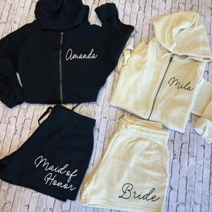 Personalized Bridesmaid&#39;s Pjs, Bridal Party Hoodies and short, Sister Outfit, Wedding Morning Pj set, Bridesmaids getting ready Outfit B824
