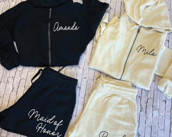 Conjunto personalizado de sudadera con capucha y pantalones cortos para la fiesta nupcial, pijama para la mañana de la boda.
