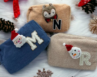 Christmas Gift, Personalized Bags with Christmas Brooch, Santa Brooch, Snowman Brooch, Gift for Girls, Personalized Bag with Patches
