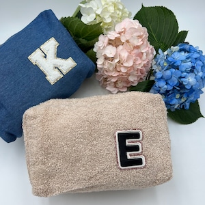 Denim Makeup Bag With Handle, Denim Bag, Personalized Bag with Patches, Bridesmaid Gift, Christmas Gift, Blue Jean Bag, Varsity Patches