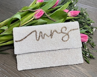 Mrs Purse, Bridal Clutch, Bride Gift, Bridal Shower Gift for Bride to Be, Honeymoon Crossbody, Bride Bag for Wedding, Beaded Crossbody