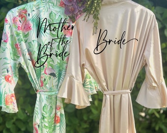 Ruffle Tropical Leaf Print Robes, Bridal Party Robes, Silk Robes, Flamingo Robes, Ruffle Bridal Robes, Bachelorette Robe, Wedding Robes R174