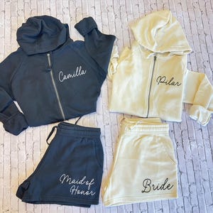 Personalized Bridesmaid&#39;s Pjs, Bridal Party Hoodies and short, Sister Outfit, Wedding Morning Pj set, Bridesmaids getting ready Outfit B824