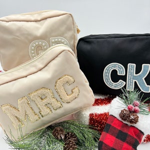 Nylon Makeup Bag, Best Friend Gift, Bridesmaid Proposal Gift, Personalized Cosmetic Bag, Varsity Letters, Crystal Patches ,Pearls Patches