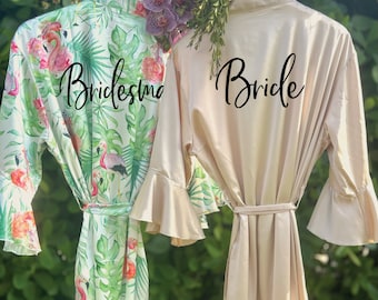 Ruffle Tropical Leaf Print Robes, Bridal Party Robes, Silk Robes, Flamingo Robes, Ruffle Bridal Robes, Bachelorette Robe, Wedding Robes R550