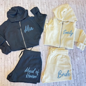Conjuntos de preparación para damas de honor, sudaderas y pantalones cortos para la fiesta nupcial, conjunto de pijama para la mañana de la boda, B902