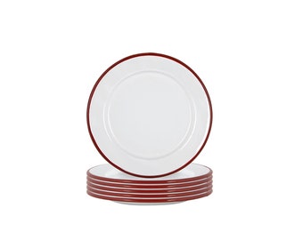 Set of 6 Burgundy Red Rimmed Enamel Side Plate, 20cm