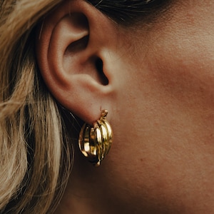 May include: Gold hoop earrings with a layered, textured design. The earrings are worn in a person's ear.