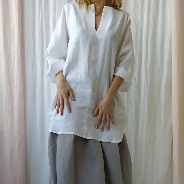 Robe tunique en lin blanche avec poches/Robe de maternité en lin/Robe en lin pour femmes/Tunique grande taille/Tunique de plage/Tunique en lin oversize