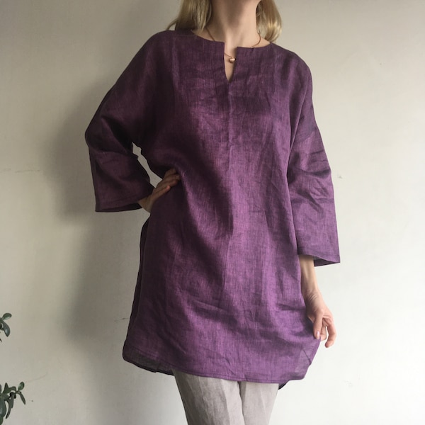 Tunique en lin avec poches/Robe de maternité en lin/Robe tunique en lin/Robe en lin pour femme/Tunique ample en lin/Tunique grande taille/Tuniques de plage