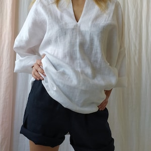 White Linen Tunic Dress With Pockets/Linen Maternity Dress/Linen Dress For Women/Plus Size Tunic Top/Beach Cover Ups/Oversized Linen Tunic