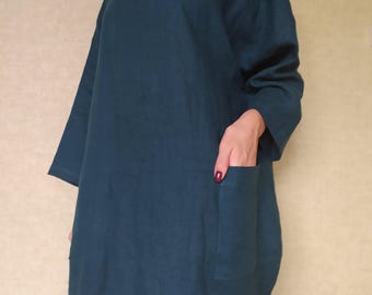 Vestido túnica holgado de lino con bolsillos