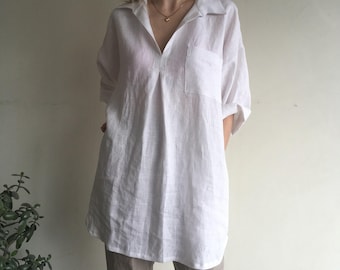 Loose Linen Tunic Dress with Pockets, Oversized Beach Cover-Up