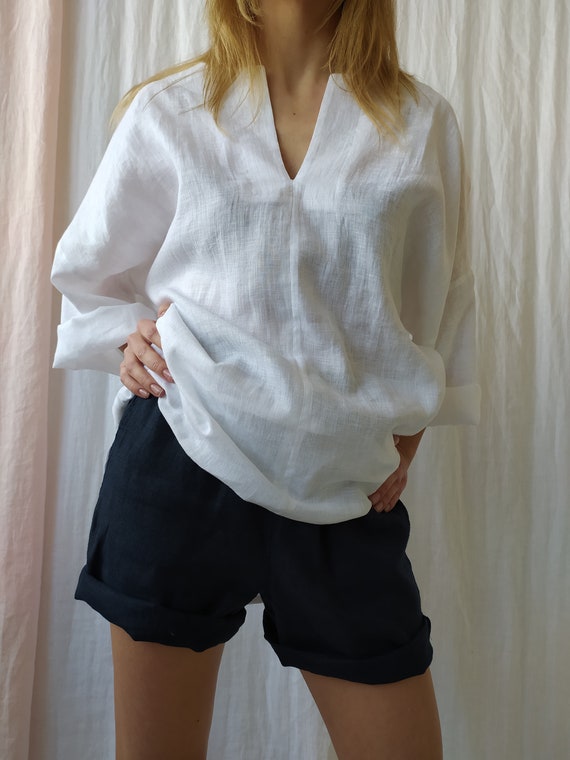 Robe tunique en lin blanche avec poches Robe de maternite en lin Robe en lin pour femmes Tunique grande taille Tunique de plage Tunique en lin oversize Etsy France