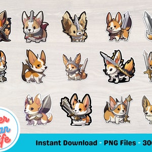 Kawaii Corgi-clipart, commercieel gebruik, schattige Corgi-clipart, Kawai Corgi-stickers, schattige Corgi-stickers, Corgi Warrior-clipart, schattige hond-clipart