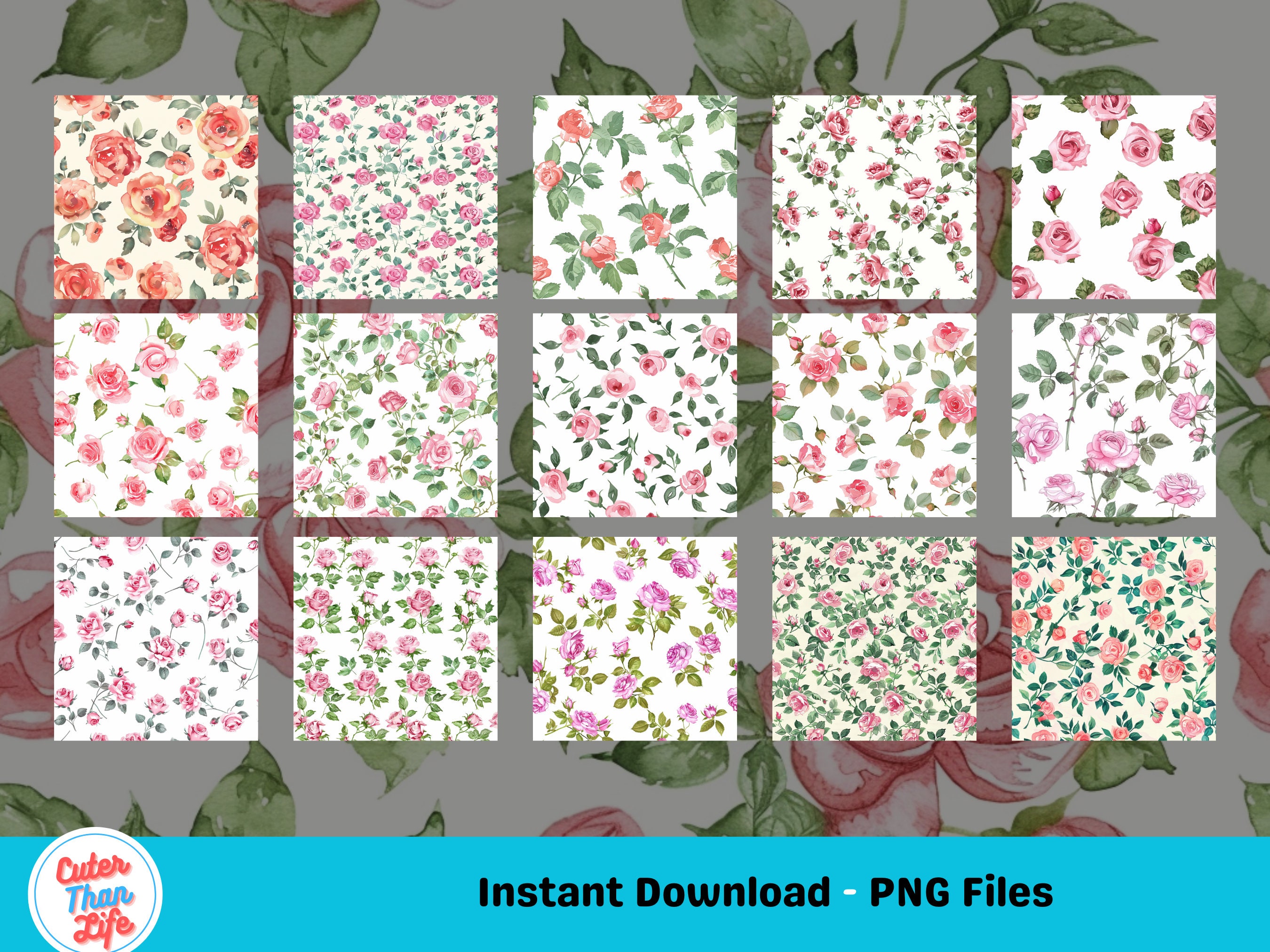 X30 Vintage Watercolor Pink Roses | Ditsy Roses, Floral Digital Paper ...