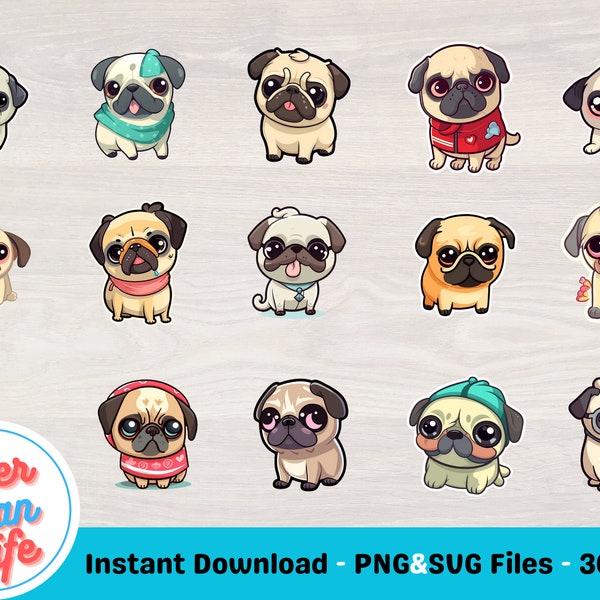 15 Cute Pugs - Commercial Use | Kawaii Pug SVG Bundle | Kawaii Pug PNG Bundle | Pug Clip Art | Pug Clipart | Pug SVG Files | Pug Art | Pugs
