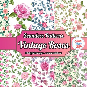 x30 Vintage Watercolor Pink Roses | Ditsy Roses, Floral Digital Paper Seamless Shabby Chic Printable Paper Pack Scrapbook Paper Wedding