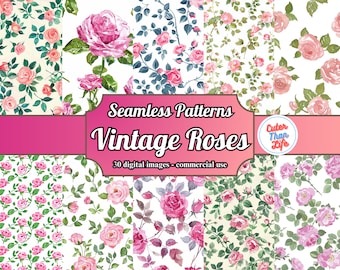 x30 Vintage acuarela rosas rosadas / rosas ditsy, papel digital floral sin costuras Shabby Chic paquete de papel imprimible Scrapbook papel boda