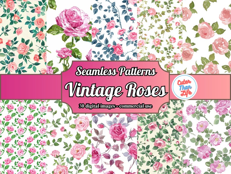 X30 Vintage Watercolor Pink Roses | Ditsy Roses, Floral Digital Paper ...