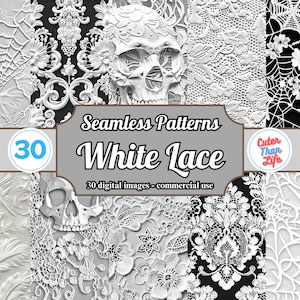 x30 Weiße Spitze Digital Papier, Goth Spitze, Spitze Hintergründe, Gothic Grunge Texturen, Digitale Weiße Spitze druckbares Scrapbookpapier