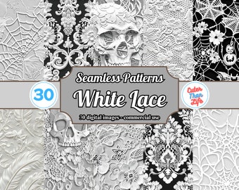 x30 White Lace Digital Paper, Goth Lace, Lace Backgrounds, Victorian Gothic Grunge Textures, Digital White Lace printable scrapbook paper