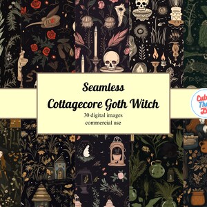 Könnte beinhalten: Ein Set mit 30 digitalen nahtlosen Mustern mit Cottagecore- und Goth-Witch-Motiven. Die Muster beinhalten Schädel, Kerzen, Blumen, Pilze und andere Hexen-Elemente. Die Muster sind perfekt für die Erstellung digitaler und gedruckter Projekte.