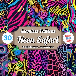 Papier numérique Safari néon x30 | Motifs de peau d'animal sans couture, rayures de tigre, imprimé léopard, imprimé guépard, anniversaire safari, couleurs néon