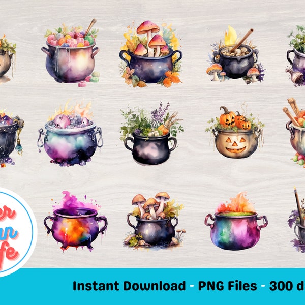 x30 Bubbling Cauldron with Magic Watercolor Clipart & AI Prompts – Kettle with Crystal and Candles – transparent background DIGITAL PNG Pack