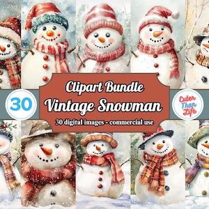 Vintage Snowman in Winter Scenery Clipart - Snowmen Clip Art - 30 High Quality Watercolor PNGs- Christmas, Scrapbook Supply, Empire Snowman