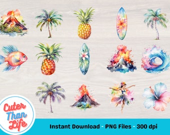 x33 Watercolor Pastel Hawaii Clipart - watercolor surfing tropical island clip art in PNG format instant download for commercial use