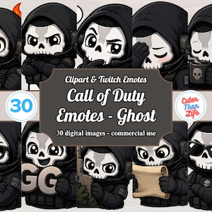 May include: A collection of 30 digital Call of Duty Ghost character emotes featuring various expressions and actions, including wearing sunglasses, holding a coffee mug, and displaying the text GG, all presented in a stylized cartoon format.