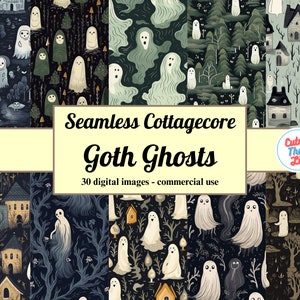 Könnte beinhalten: Ein Set mit 30 digitalen nahtlosen Mustern mit Cottagecore-Illustrationen von Geistern, Häusern und Bäumen in einer dunklen Farbpalette. Der Text "Seamless Cottagecore Goth Ghosts" und "30 digitale Bilder - kommerzielle Nutzung" ist im Bild enthalten.