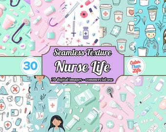 x30 Nurse Life, Nurse Seamless Repeat Pattern, Retro Healthcare, Medical Backgrounds, Printable Digital Paper, Nurse Repeating Pattern, PNG