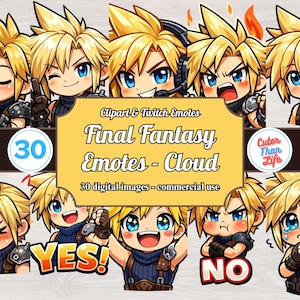 May include: A collection of Final Fantasy Cloud emotes in various expressions. The image includes the text "Final Fantasy Emotes - Cloud" and "30 digital images - commercial use". The emotes feature a character with spiky blonde hair and blue eyes.