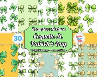 Può includere: Un set di 30 motivi digitali senza cuciture con fiocchi di trifoglio verde su vari sfondi colorati. Il testo "Seamless Texture Coquette St. Patrick's Day 30 digital images - commercial use" è visualizzato su uno sfondo verde.