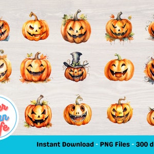 May include: A set of 15 watercolor illustrations of Halloween pumpkins with various expressions and designs. The pumpkins are orange and have black eyes, noses, and mouths. Some pumpkins have hats, while others have spooky details. The illustrations are perfect for adding a festive touch to your Halloween projects.