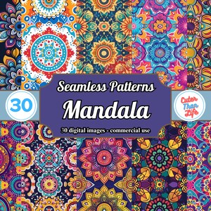 May include: A set of 30 digital seamless patterns featuring colorful mandala designs. The patterns are perfect for creating backgrounds, textiles, and other creative projects. The text "Seamless Patterns Mandala" and "30 digital images - commercial use" is displayed on the image.